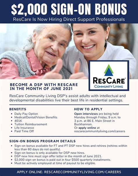 ResCare offering a $2,000 sign-on bonus for new DSP hires in June 2021