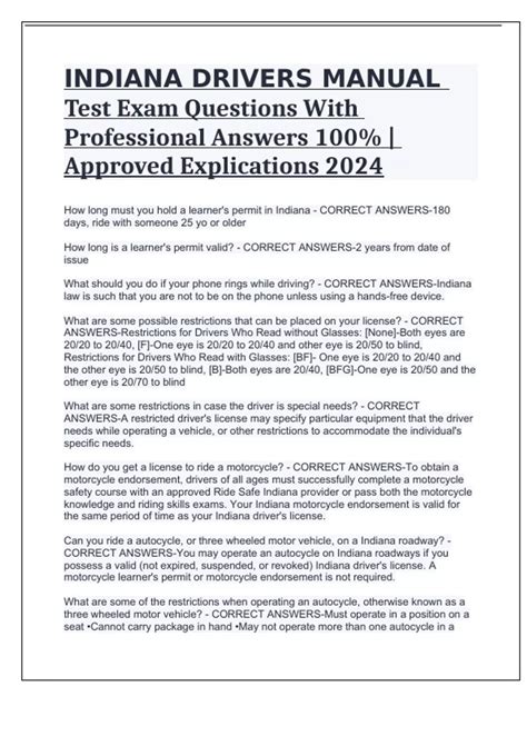 INDIANA DRIVERS MANUAL Test Exam Questions With Professional Answers ...