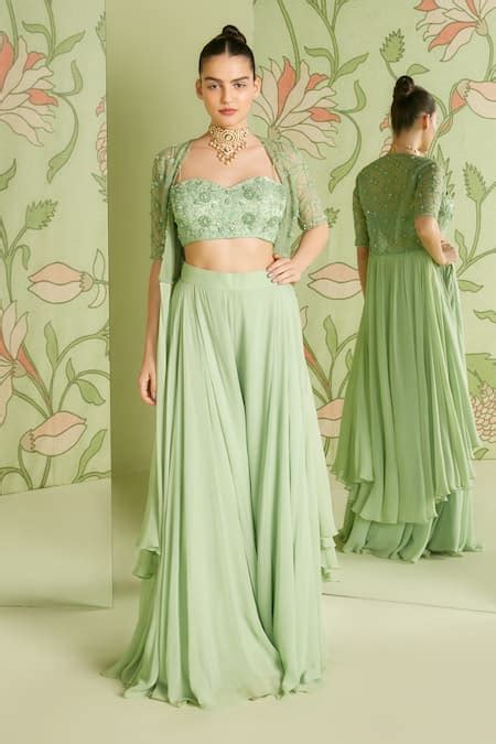 Buy Green Georgette Bead Work, Cutdana Work, Floral Embroidered Jacket ...