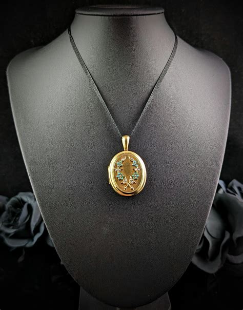 Antique 15k Gold Locket, Turquoise and Pearl, Portrait, Forget Me Not at 1stDibs | stella may ...