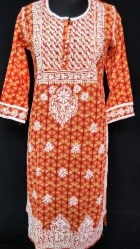 Sunset Orange and yellow combination Cotton Kurti Only Chikan work : 1 ...