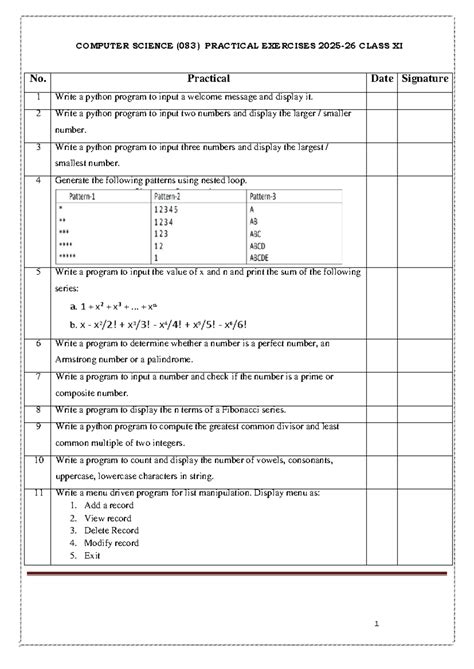 COMPUTER SCIENCE (083) CLASS XI Practical Exercises Solutions 2025-26 ...