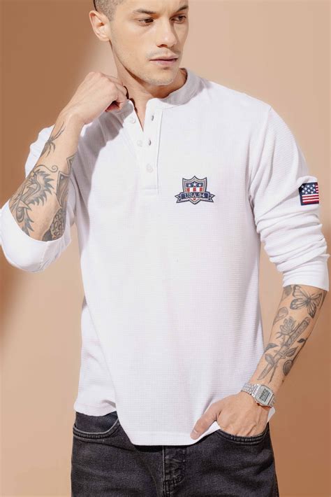 White Self Design Waffle Henley T-Shirt – Gritstones