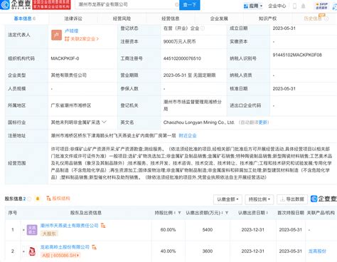 龙高股份于广东潮州参设矿业新公司，注册资本9000万_显示_瓷土_人民币