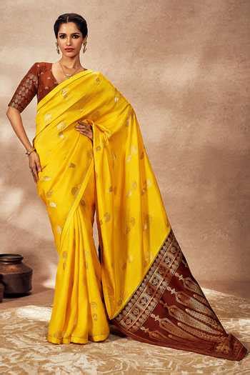 Buy Yellow Jacquard Silk Saree With Unstitched Blouse Piece For Women ...
