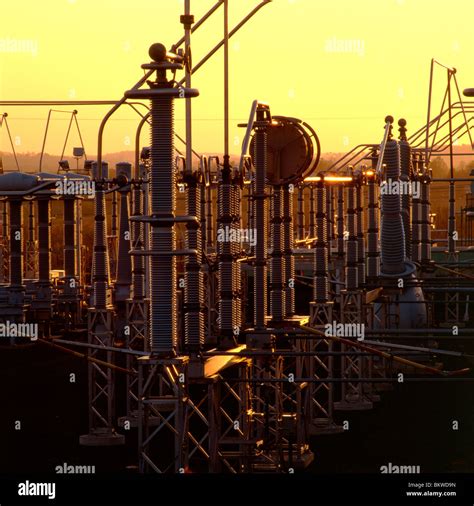 Electrical transmission yard at sunset, Limerick Nuclear Power Plant ...