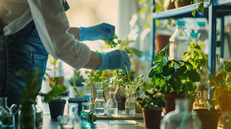 In a brightly lit lab a person tends to a collection of plants with ...