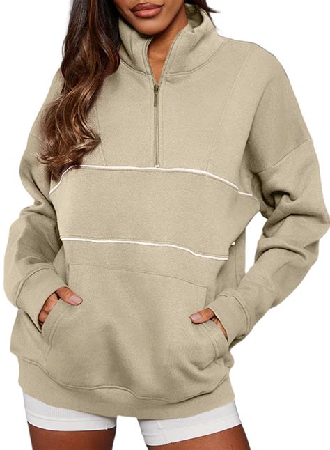 BLENCOT Women's Half Zip Contrast Stitch Sweatshirts Long Sleeve Fleece Striped Drop Shoulder ...