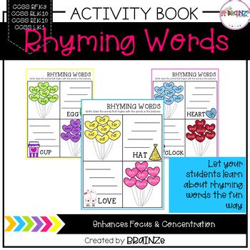 Rhyming words Worksheets | Heart Shaped Balloons by BRAINZe | TPT
