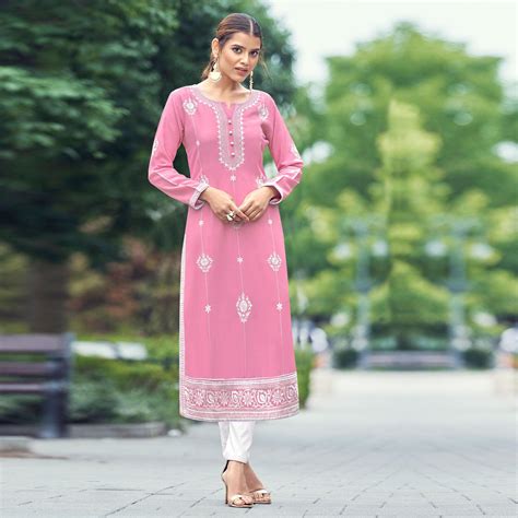 Pink Lucknowi Work Rayon Kurti
