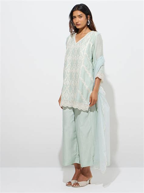 Buy Vark Mint Straight Kurti, Palazzos and Dupatta Set from Westside