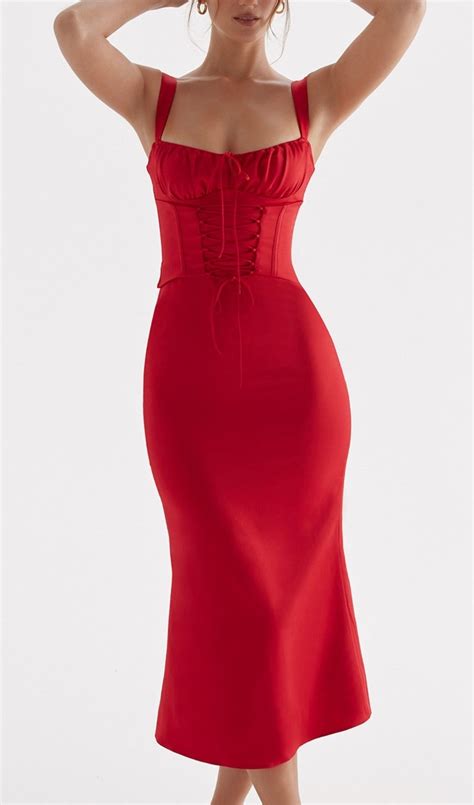 Red Lace UP Corset Midi Dress | Long red dress, Corset dress, Red ...
