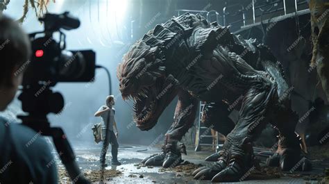 A behindthescenes look at a movie set with a crew member filming a scary monster | Premium AI ...