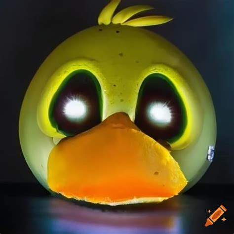 Real life, an up close shot of, FNaF, a yellow glowing, gummy Chica the ...