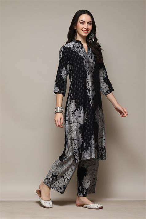 Black Poly Viscose Straight Printed 2 Piece Set at Biba India