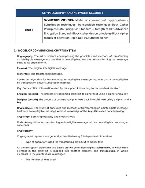 UNIT II - Cryptography and Network Security - 1 CRYPTOGRAPHY AND ...
