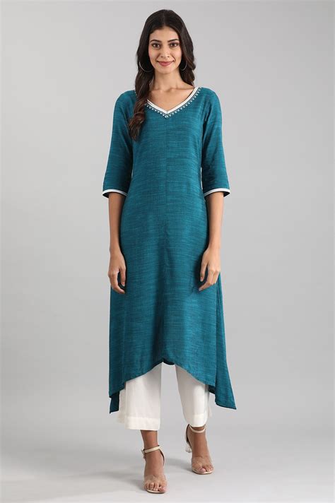 Buy Blue V-Neck Yarn-dyed Liva kurta Online for Woman | Shop for Aurelia