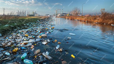 Premium Photo | Polluted river with plastic waste along banks and in ...