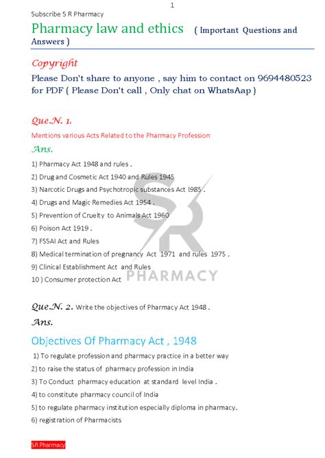 Law and ethics Imp questions d.second yr - Subscribe S R Pharmacy ...