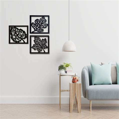 Wooden 3 Pieces Square Tree Leaf Wall Art Panel Frame – Decor Mantra
