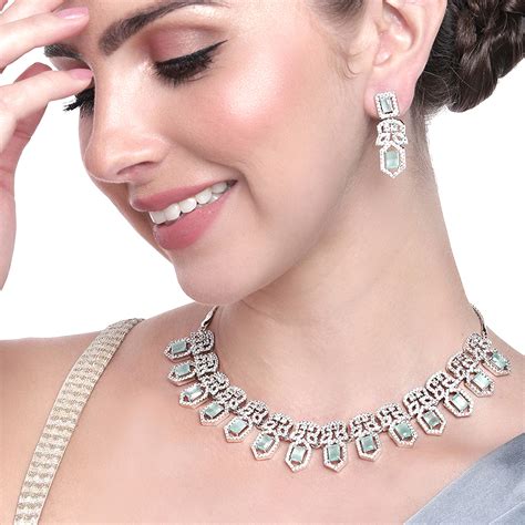 Buy Estele Rhodium Plated CZ Shimmering Necklace Set with Mint Green ...