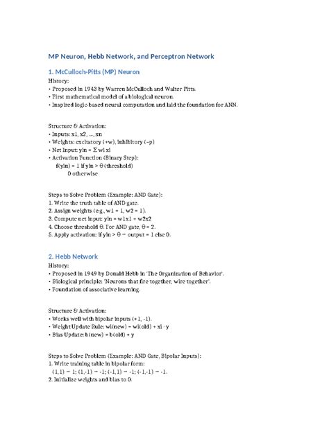 MP Neuron, Hebb Network, and Perceptron Overview Notes - Studocu