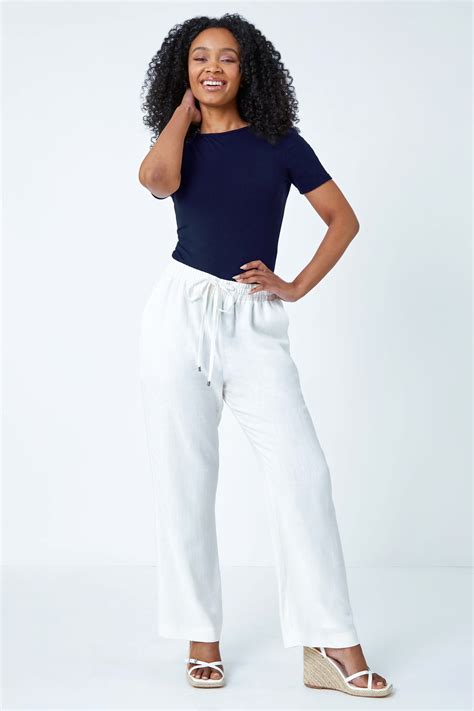 White Petite Wide Leg Linen Blend Trouser | Roman UK