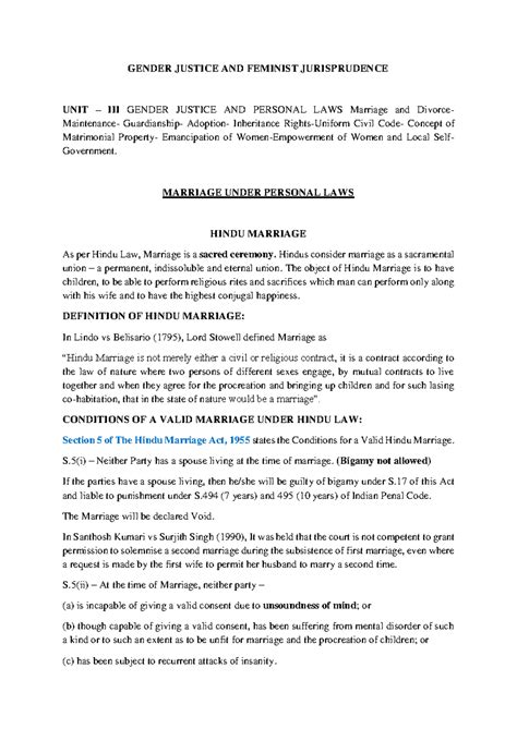 UNIT III - Gender Justice and Personal Laws - GENDER JUSTICE AND ...