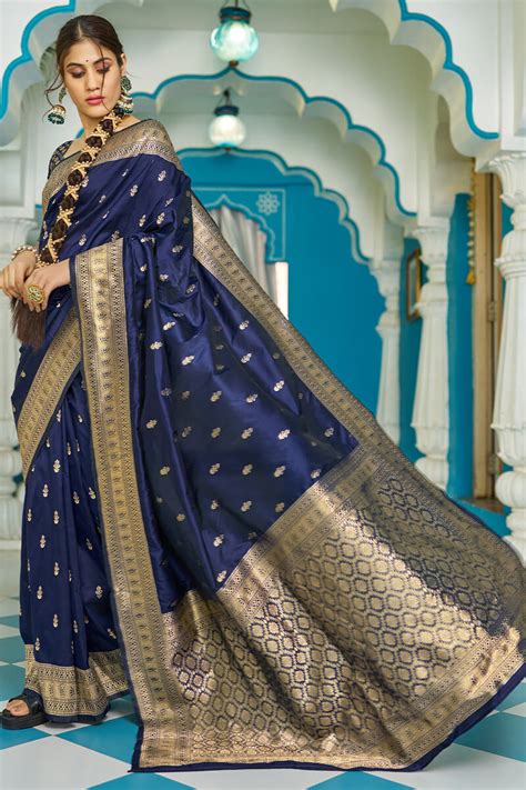 Panoply Navy Blue Banarasi Silk Saree With Staggering Blouse Piece ...