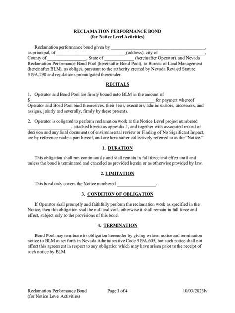 Fillable Online Reclamation Performance Bond (for Notice Level ...