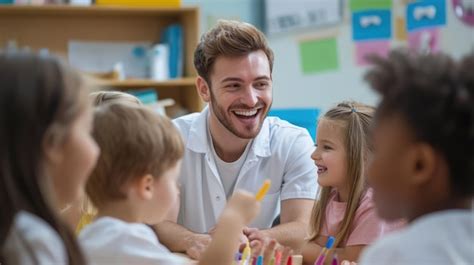 Teacher laughing with students in a classroom | Premium AI-generated image