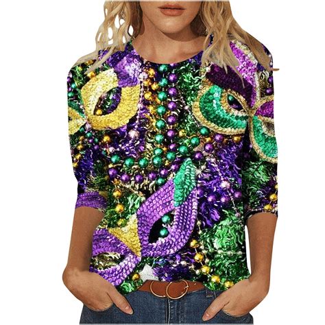 REORIAFEE Mardi Gras Shirts Women Purple Stitch Crewneck 3/4 Sleeve T ...