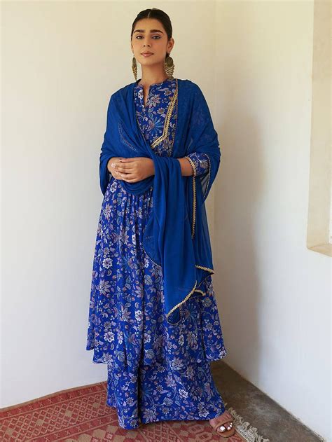 Get Blue Georgette Floral Palazzo Suit - Janasya