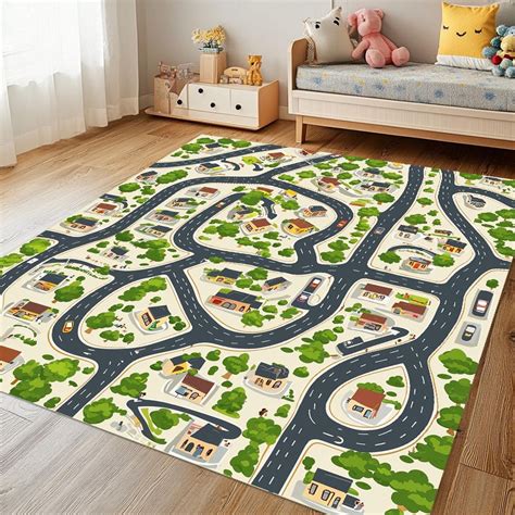 City Road Map Rug, Traffic Street Play Mat, Kids Room Rug, Interactive Boys Carpet, Washable Rug ...