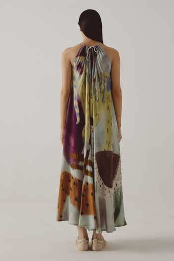 Buy Multi Color Cotton Halter Neck Mirage Print Circle Midi Dress For ...