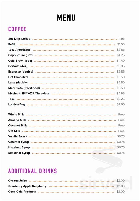 Pine State Coffee menu in Raleigh, North Carolina, USA