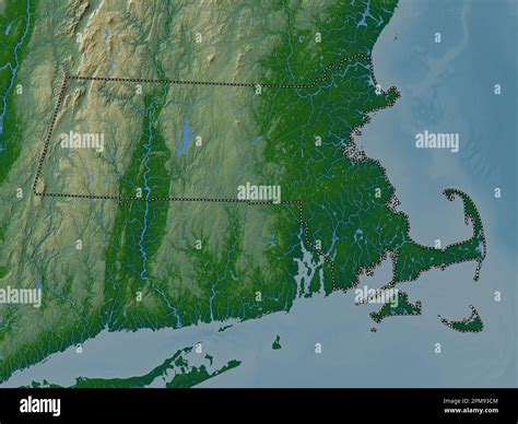 Massachusetts, state of United States of America. Colored elevation map ...