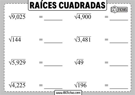 Hoja De Trabajo De Cuadrados Y Raíces Cuadradas En Formato Pdf
