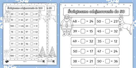 Świąteczne odejmowanie do 50 i 100 | Karta pracy z okienkami