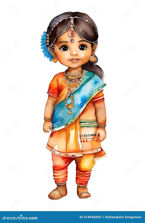 Watercolor and Painting Cute Hindu Indian Tribe Baby Doll Girl Cartoon ...