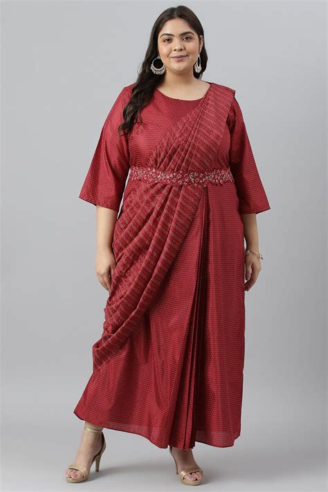 Buy Plus Size Maroon Insta Saree Dress With Embroidered Belt @ 6999 | W ...