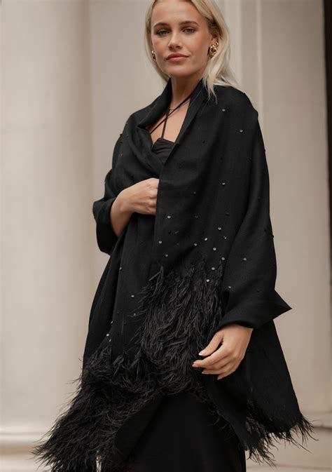Black Cashmere Scarf with Black Ostrich Feathers and Black Sequin ...