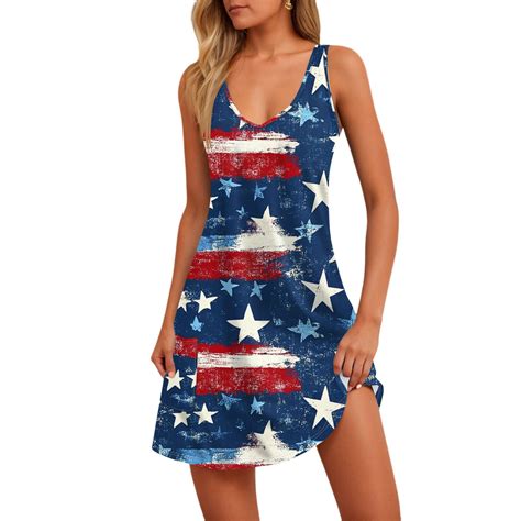 Xyxonk Red White and Blue Dresses for Women July 4th With Pockets Stars ...