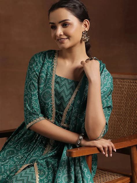 Buy Rama Green Printed Silk Blend A-Line Kurta With Trousers & Dupatta ...