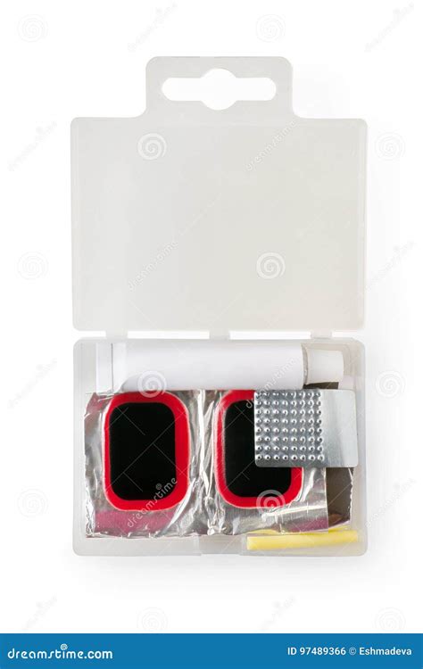 Bicycle Tires Repair Kit in Plastic Box. Glue, Patches and Grate Stock ...