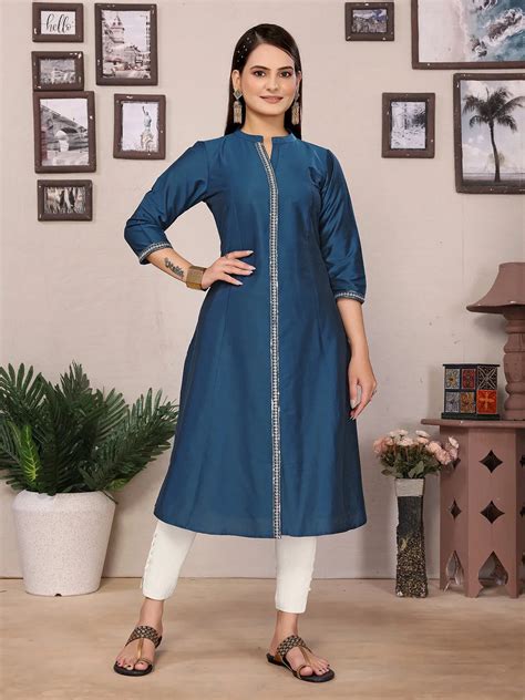 Polyester Embroidered A-line Calf Length Kurta - Rangita