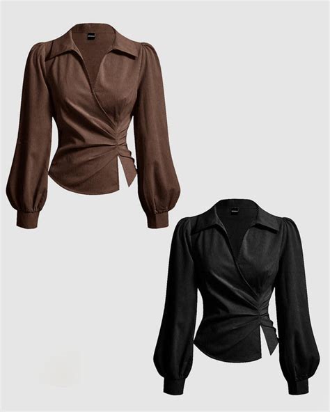 Combo : V Neck Top Wrap Front With Lantern Sleeve in Chocolate Brown ...