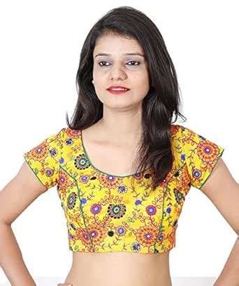 Buy ArtSilk Material, Kutchwork Embroidered Blouse with Back Open , Round Design, Yellow, 50 ...