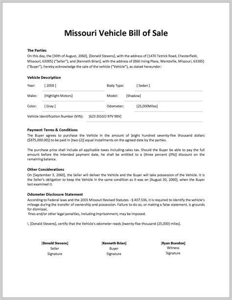 Missouri Bill Of Sale