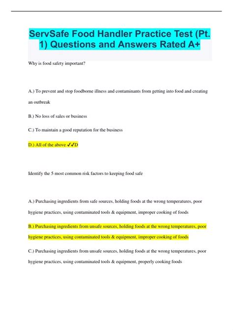 ServSafe Food Handler Practice Test (Pt. 1) Questions and Answers Rated ...